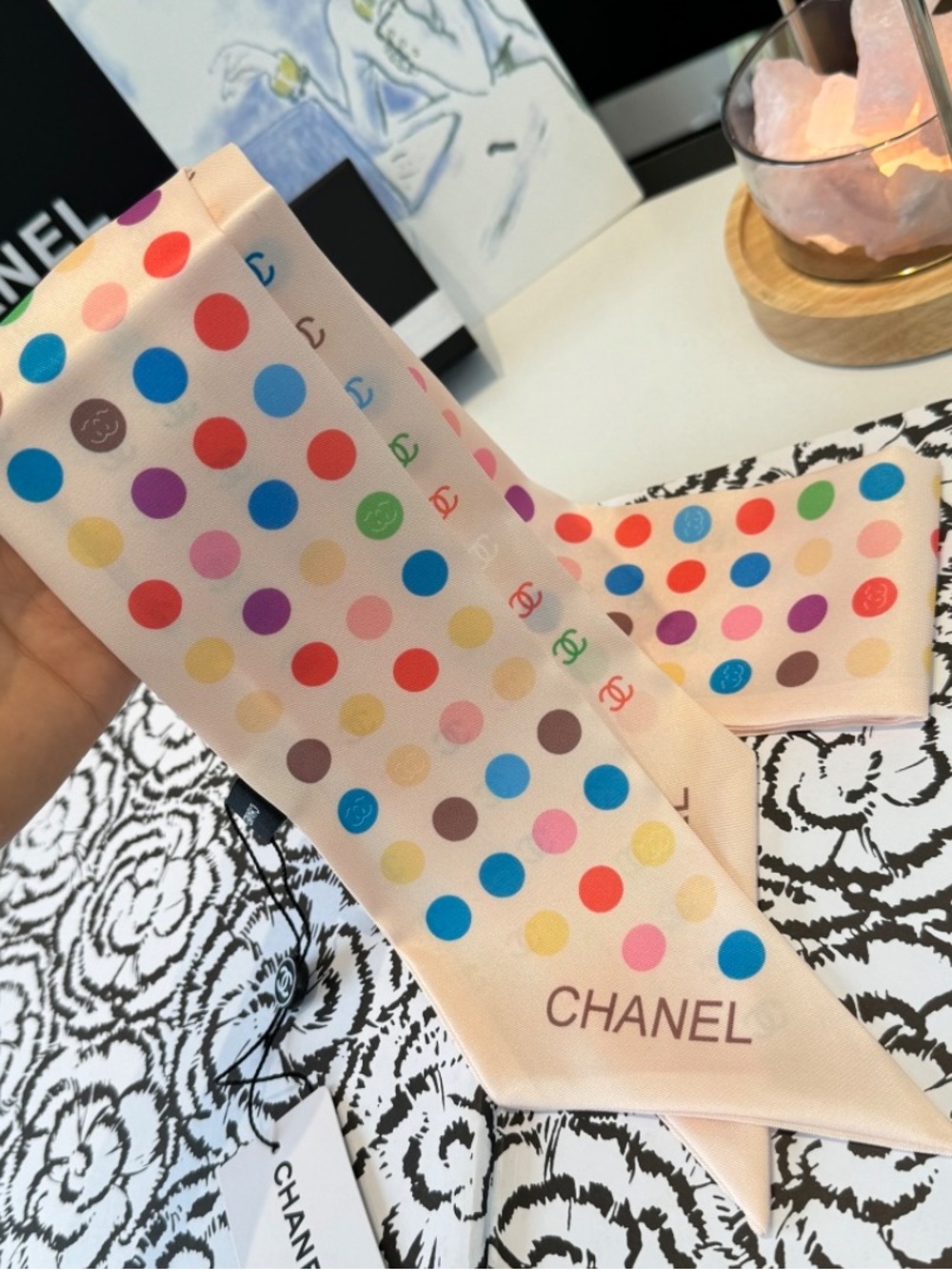 💙 Double C Designer Light Pink Polka Dot Letter Logo Double Sided Silk Scarf